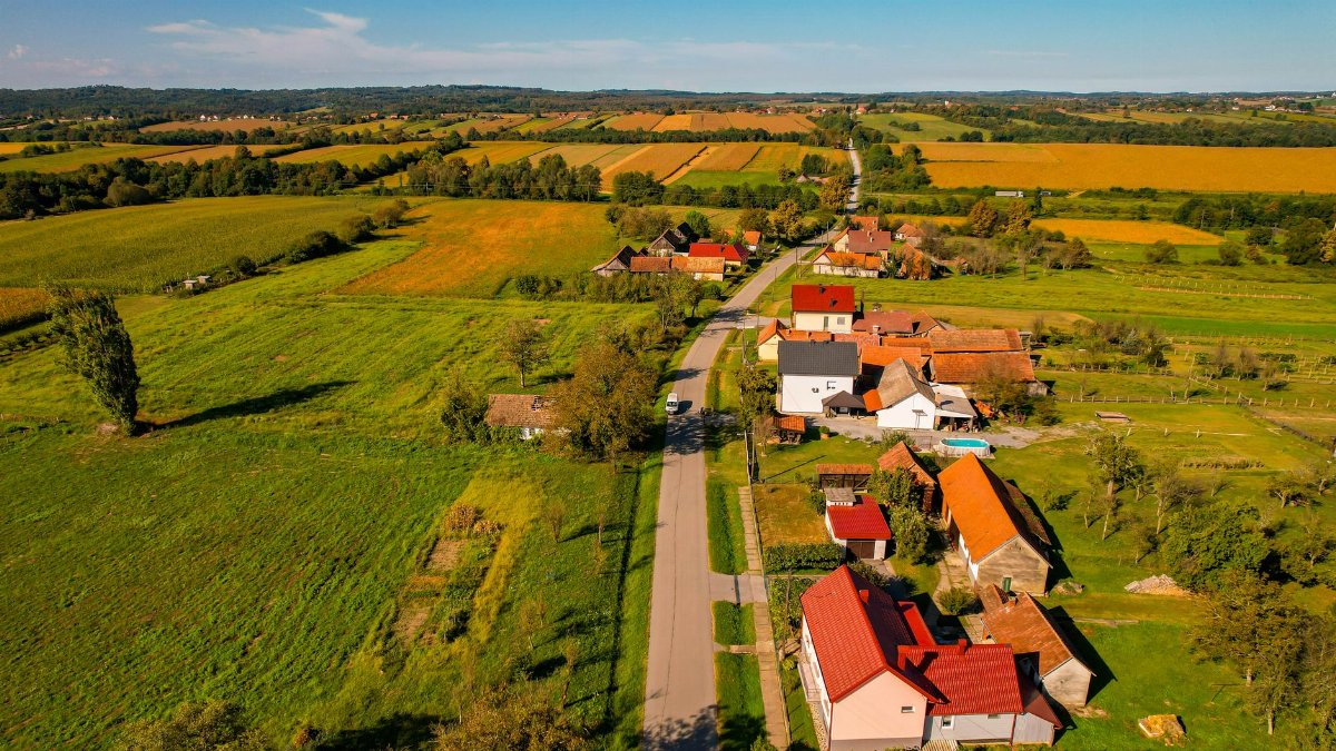 A stunning aerial view of the rural landscape and village near Garešnica, Croatia.