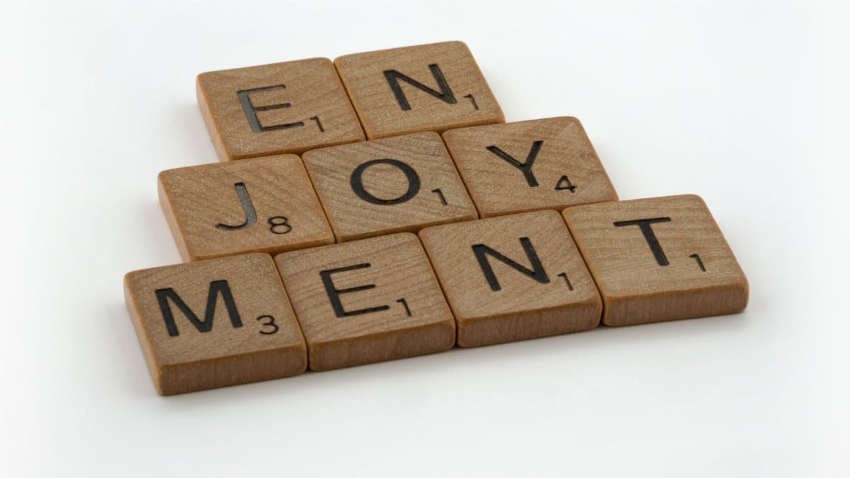 Wooden letter tiles arranged to spell 'ENJOYMENT' on a white background.