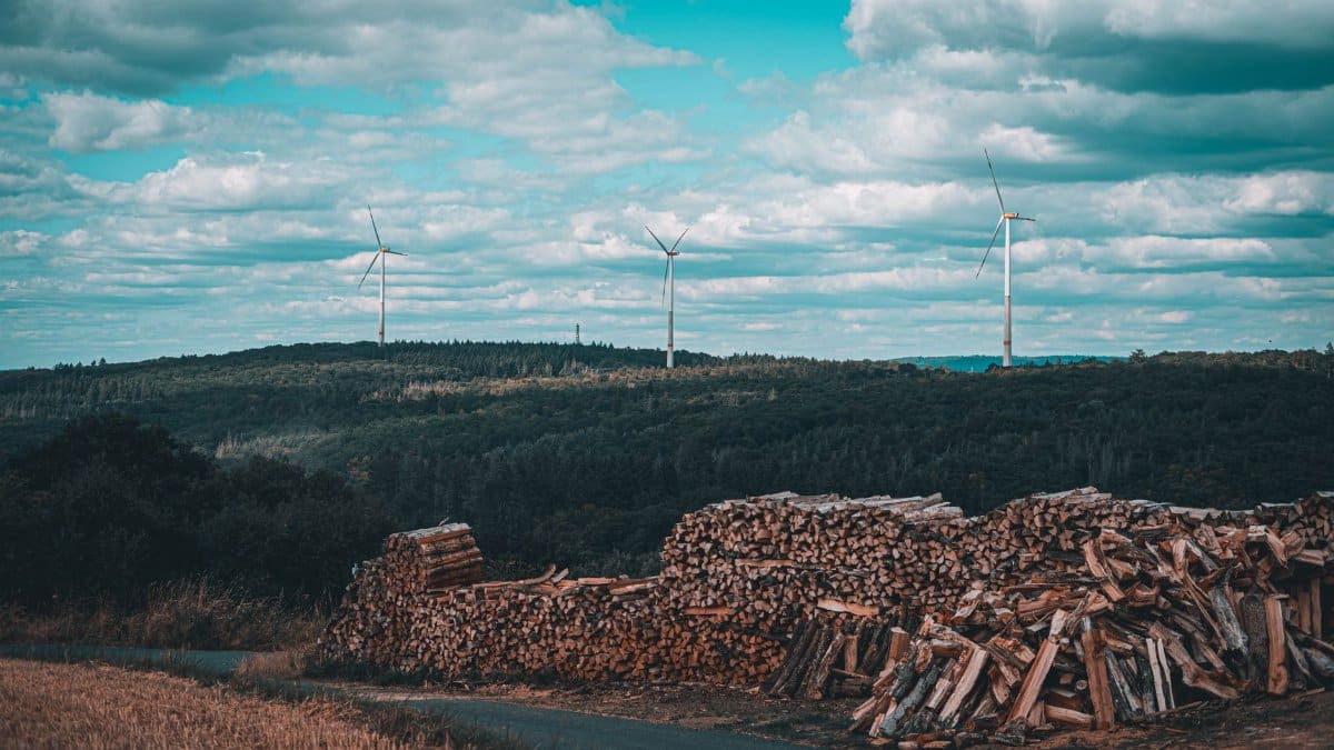 Wind turbines on a hill with stacked logs in the foreground under a cloudy sky.