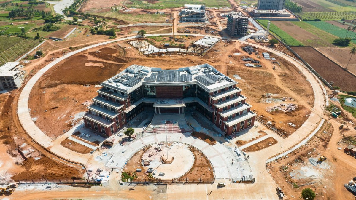Aerial shot of modern construction in Bangalore, showcasing architectural innovation.