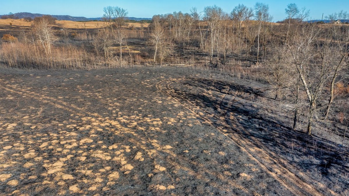 Aerial drone shot of a forest area in West Newton, Minnesota showing land after a controlled burn.