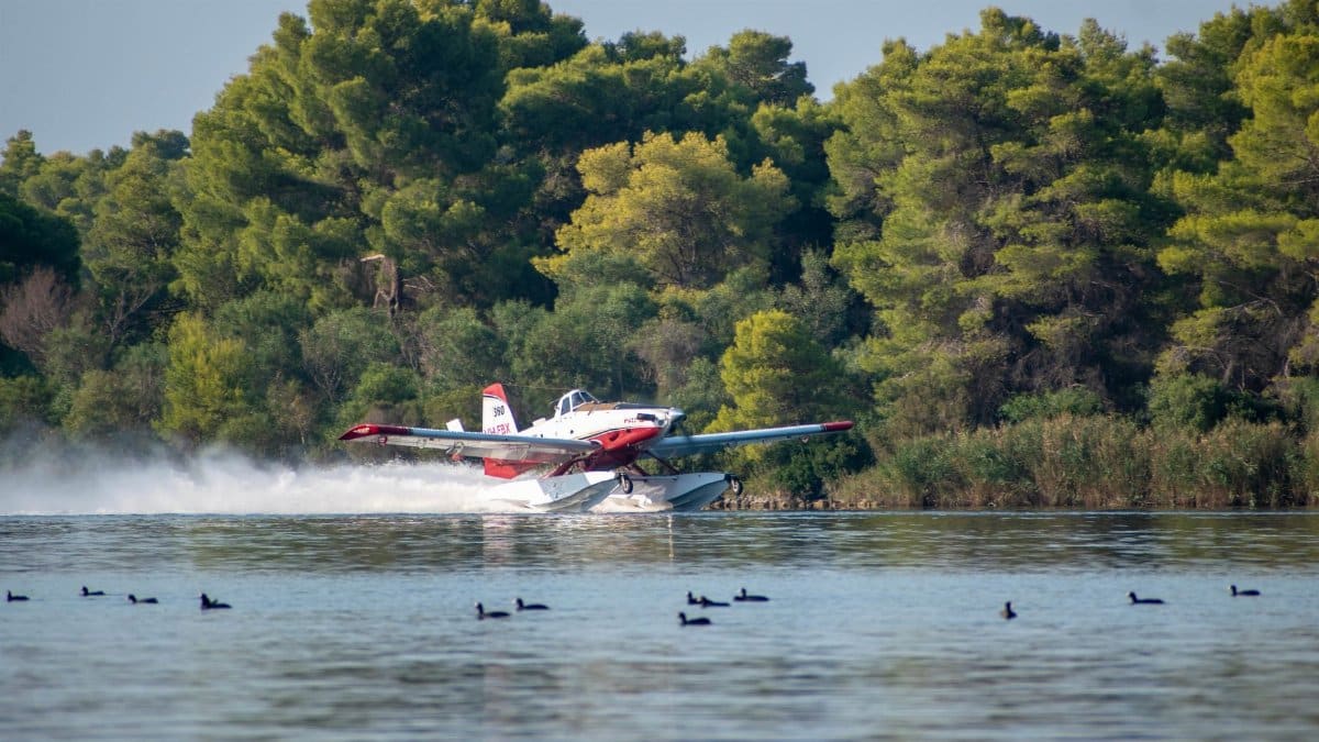 A firefighting plane scoops water from a tranquil lake in Greece, surrounded by lush forest.