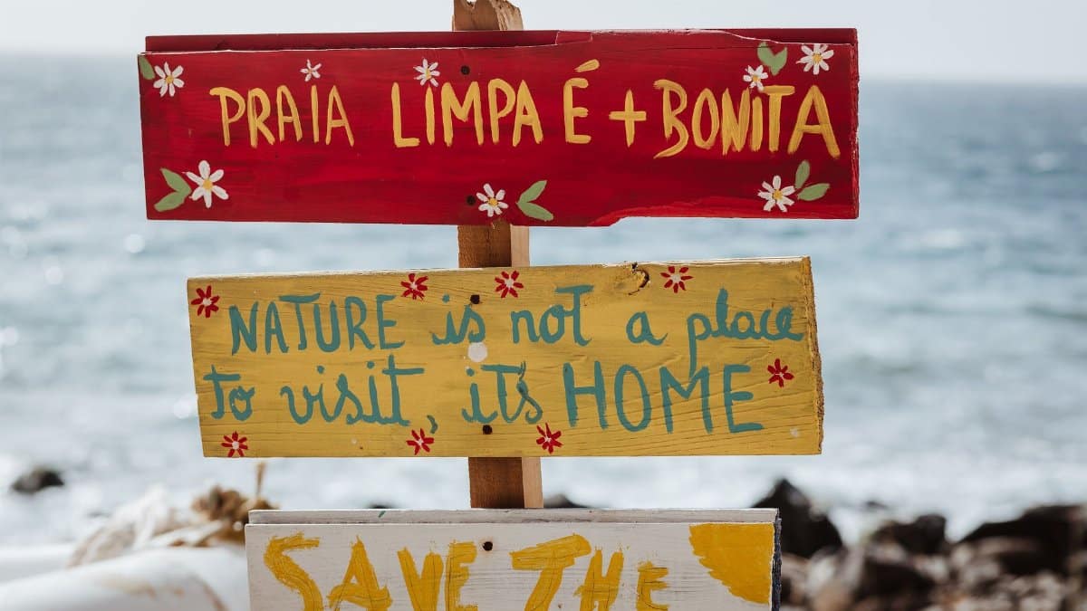 Vibrant signs advocating environmental conservation on a Portugal beach.