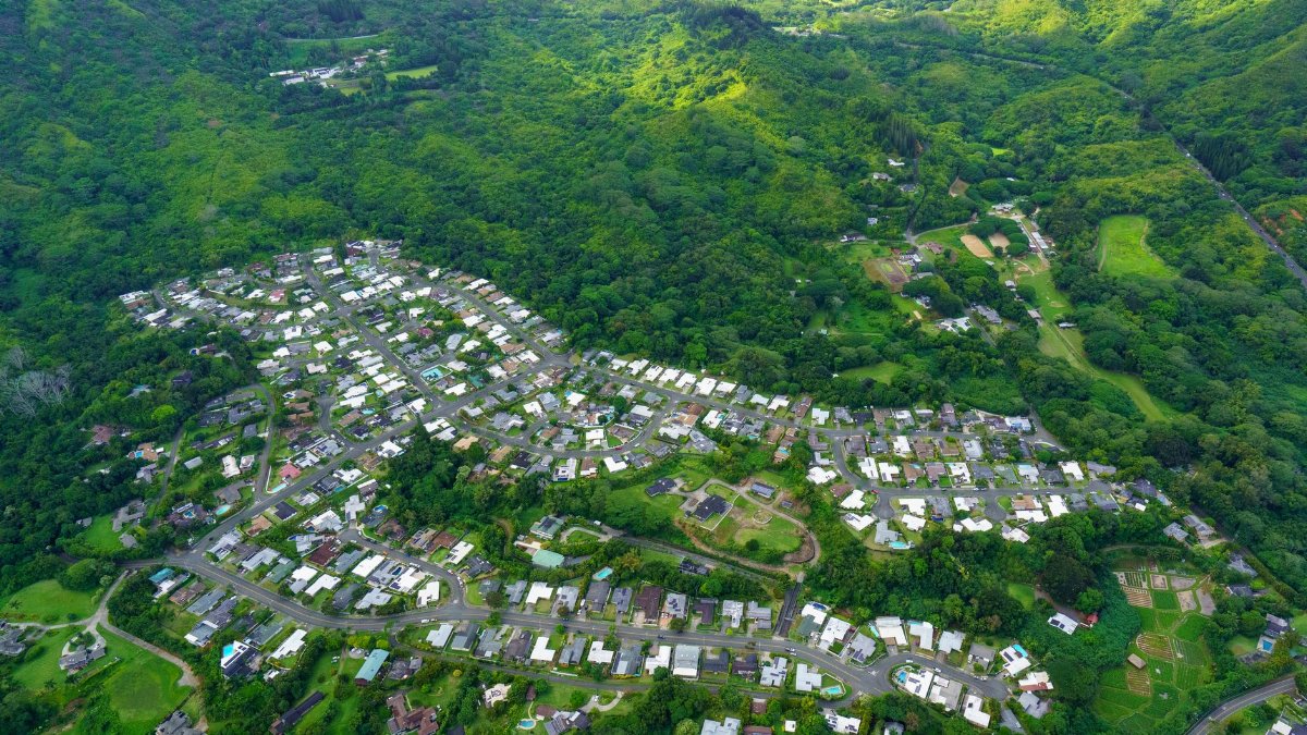 Aerial view showcasing a lush green valley with suburban town, hills, and forests.