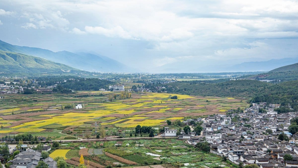 Expansive landscape of fields and a small town with mountains in the background.