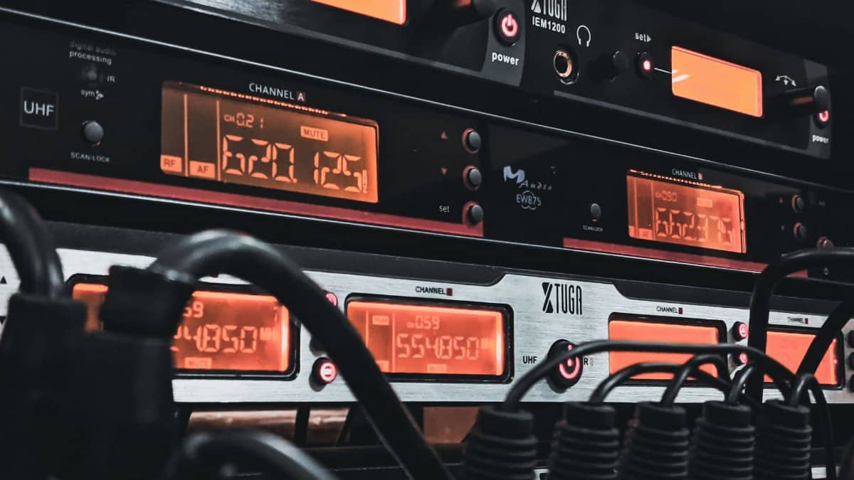 Detailed view of audio equipment and cables, perfect for sound engineering and recording themes.
