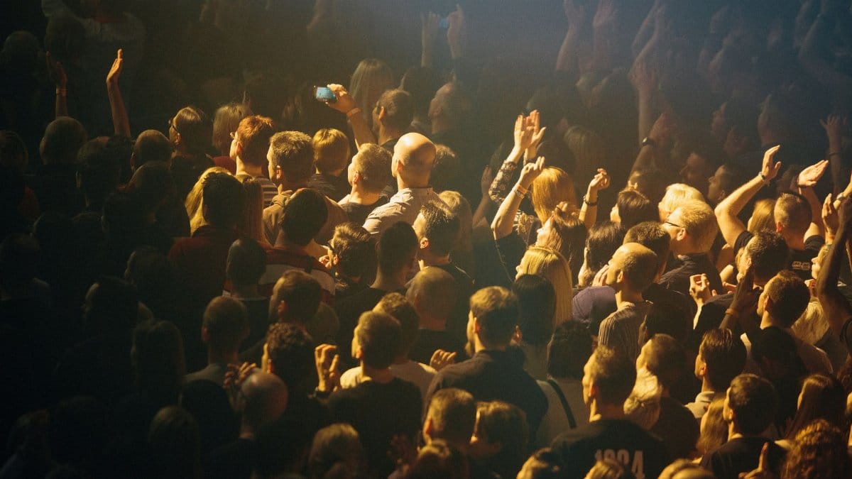 A vibrant crowd enjoying a live music concert with hands raised in excitement.