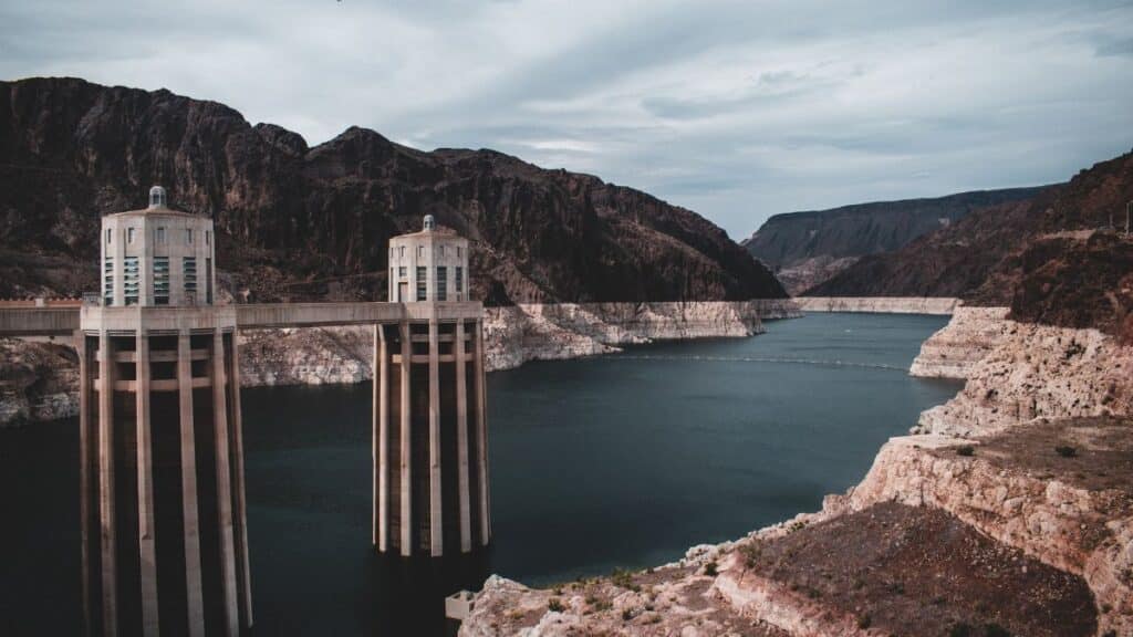 Stunning aerial shot of Hoover Dam and Lake Mead in the United States with dramatic landscape.