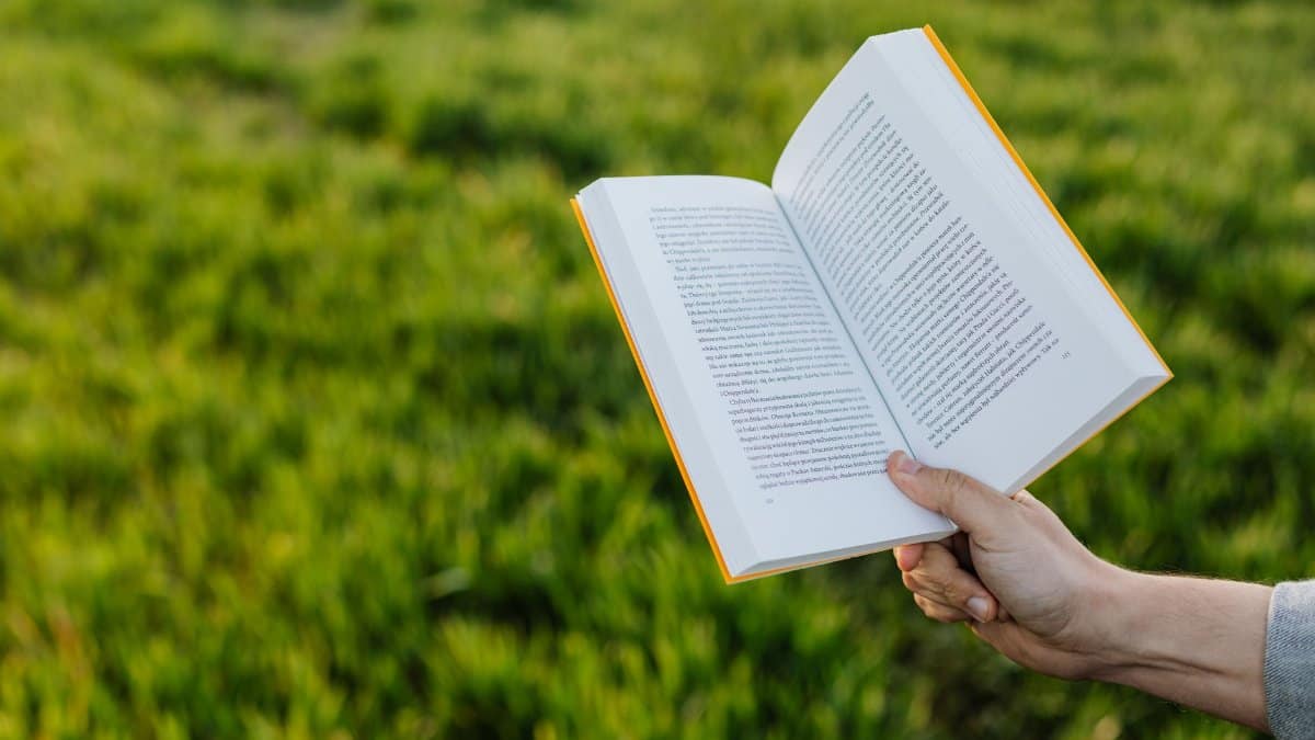 Crop faceless person reading book while sitting on beautiful green lawn in summer countryside at sundown