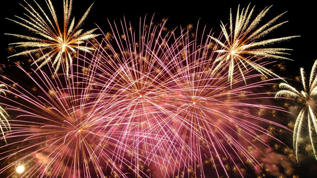 Bursting fireworks illuminate the night sky with vivid colors.