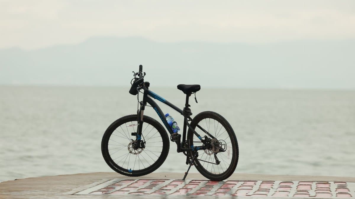 A sleek mountain bike parked by a tranquil lakeside promenade, perfect for outdoor adventure.
