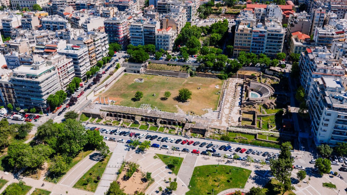 Stunning aerial shot of the Roman Forum and cityscape in Thessaloniki, Greece.
