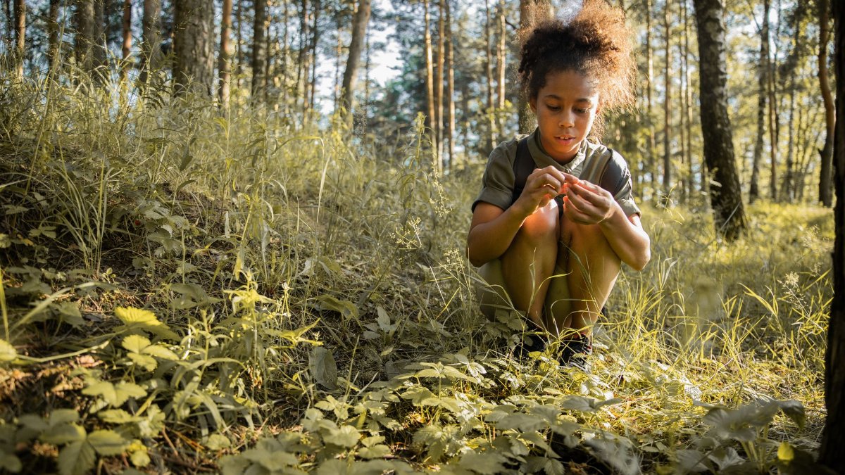 A young girl crouches in a sunlit forest, exploring nature.