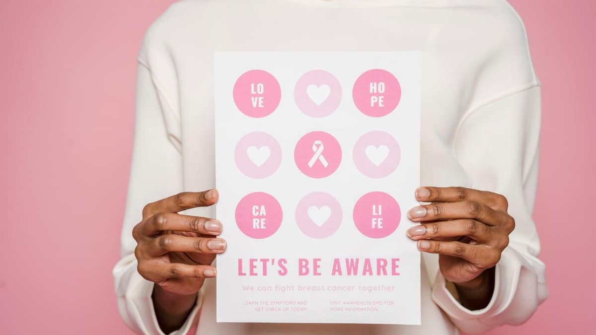 Poster advocating breast cancer awareness with positive messages and symbols.