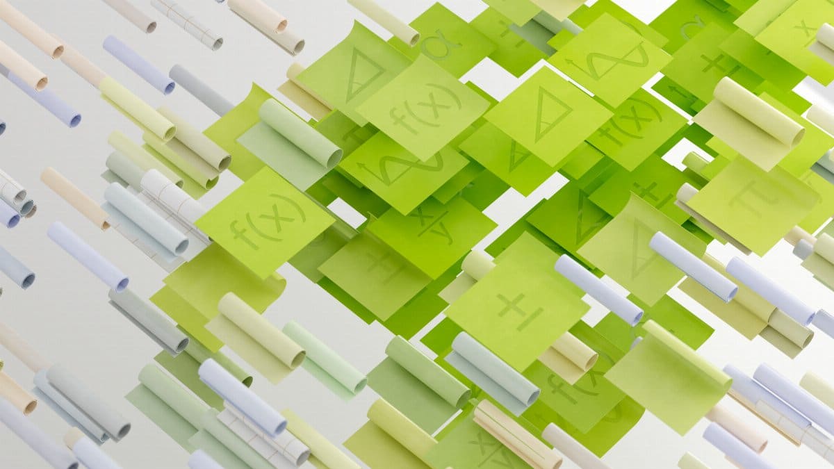 Dynamic abstract image with mathematical symbols on floating papers, vibrant and conceptual.