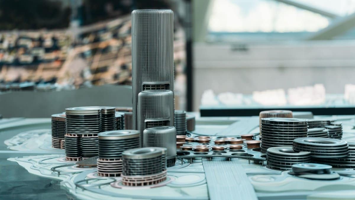 Explore a detailed futuristic city model with towering skyscrapers and modern urban design.