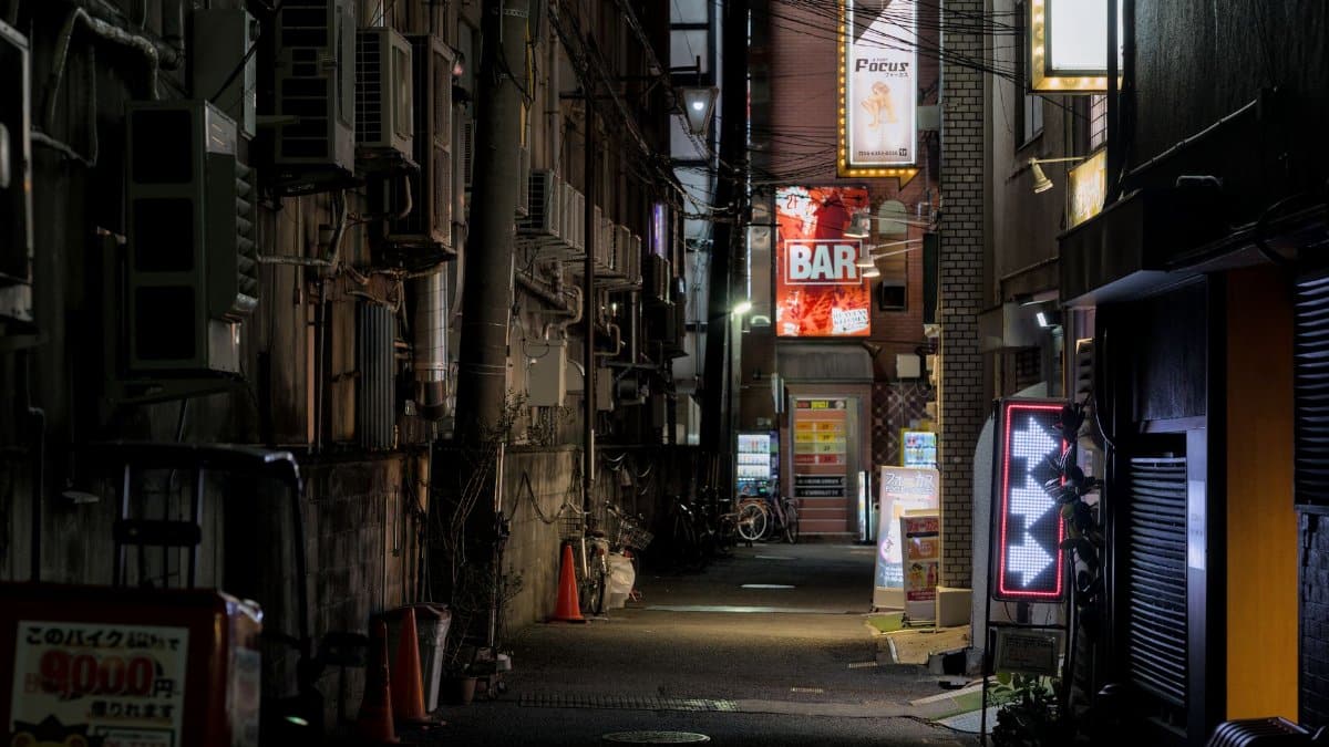 Explore the atmospheric alleyways of Osaka with illuminated signs and urban charm at night.
