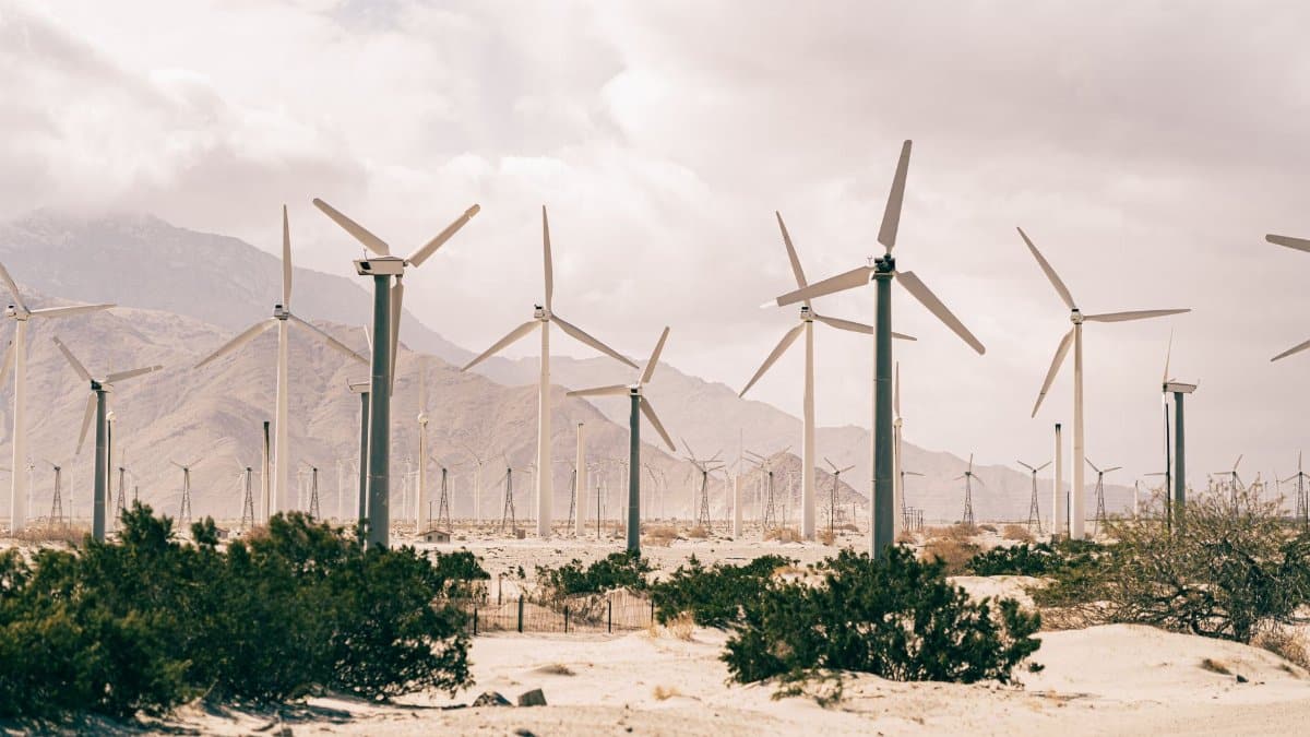 Expansive wind farm under cloudy skies, showcasing renewable energy in desert terrain.