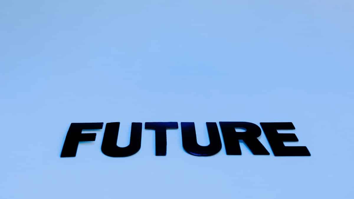 Bold 'Future' text on a serene blue background symbolizing optimism and potential.