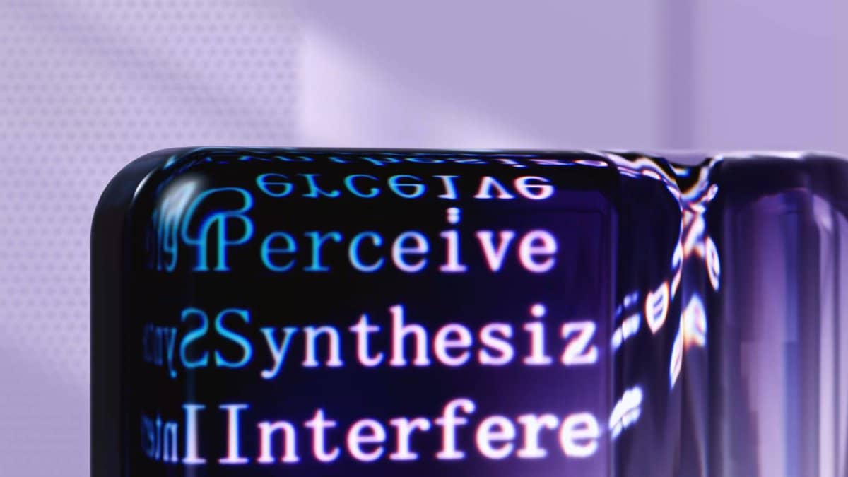 Futuristic abstract artwork showcasing AI concepts with digital text overlays.