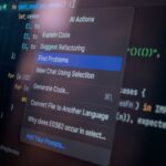 Detailed view of a computer screen displaying code with a menu of AI actions, illustrating modern software development.