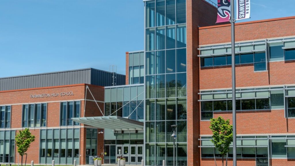 Front view of Farmington High School, Connecticut, showcasing modern design.