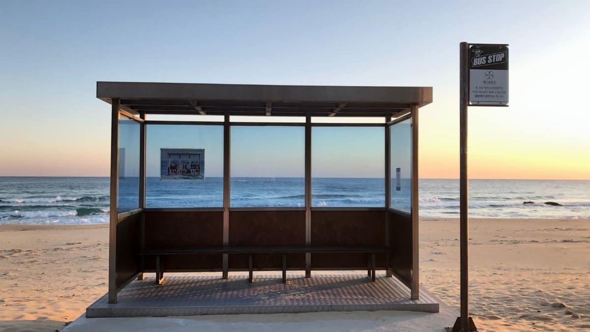 Bus stop on a sandy beach with ocean view at sunrise, creating a peaceful scene.