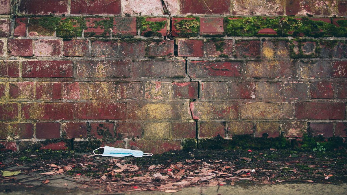 A face mask lays discarded against a moss-covered, cracked brick wall, symbolizing COVID-19 impact.