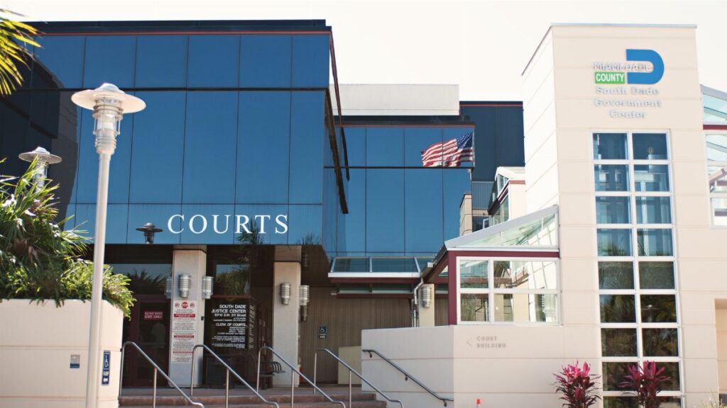 South Dade Justice Center and Government Building facade in Miami, Florida showcases modern architecture.