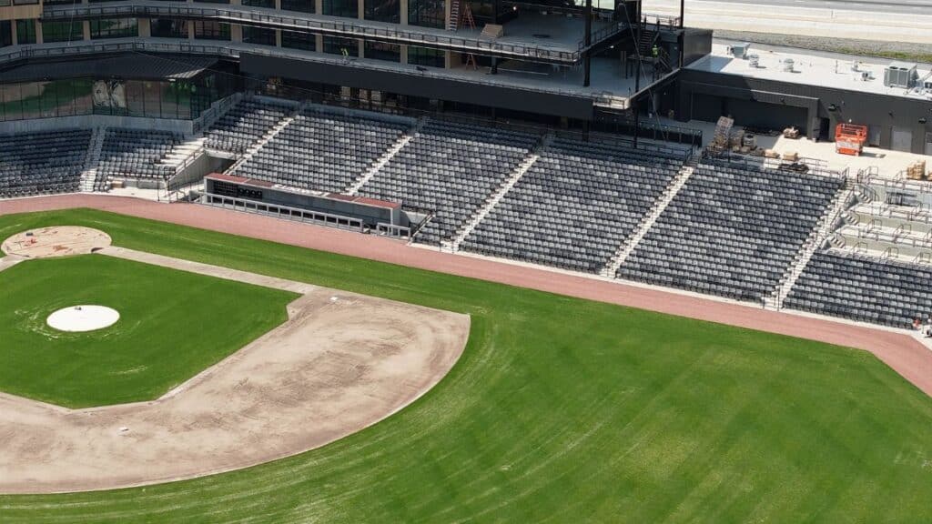Aerial shot of an empty baseball stadium in Chattanooga, Tennessee during daytime.