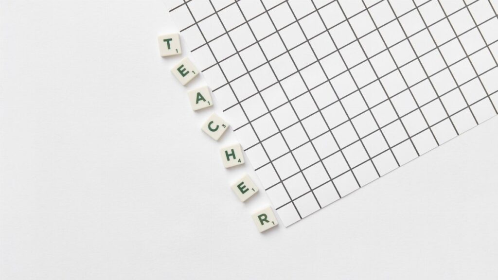 Alphabet letters spelling 'Teacher' on a white grid paper, highlighting education theme.
