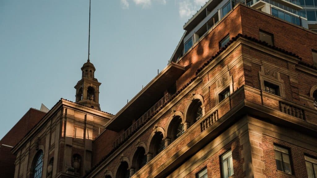 Elegant architectural detail of a historic building in Phoenix, Arizona, with warm sunset lighting.