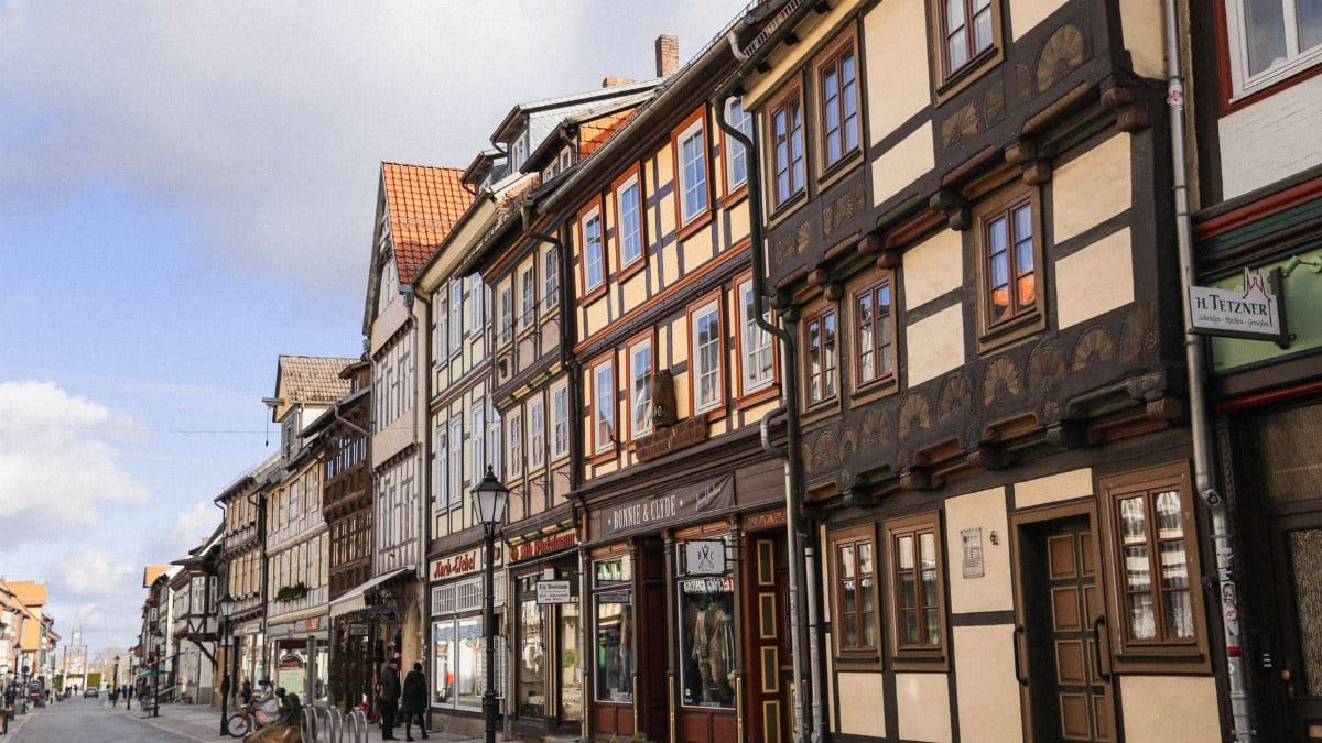 Beautiful street view of historic half-timbered buildings in a quaint German town.