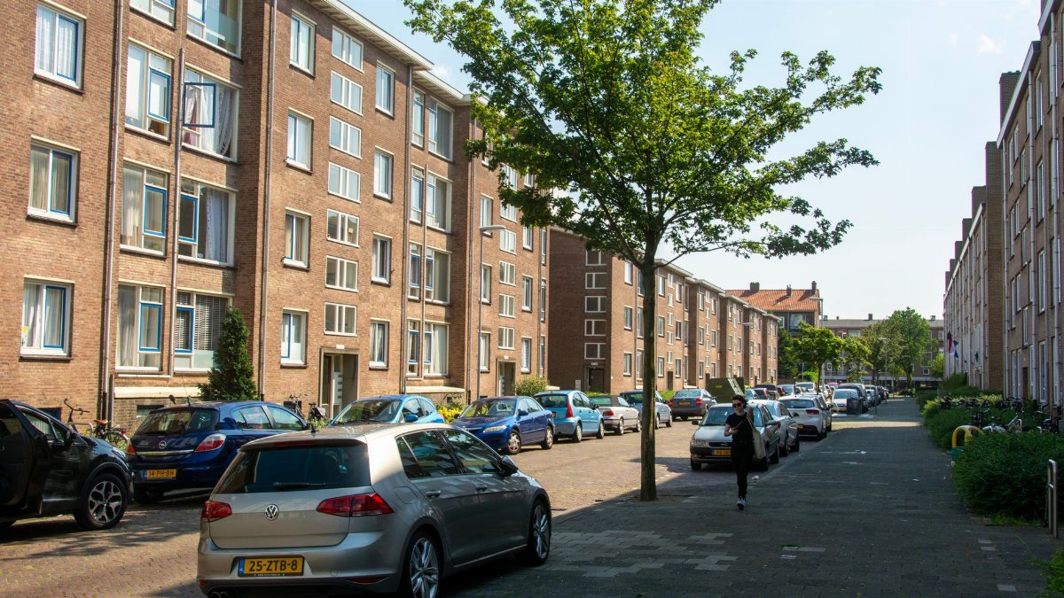 Urban street with parked cars and residential buildings on a sunny day.