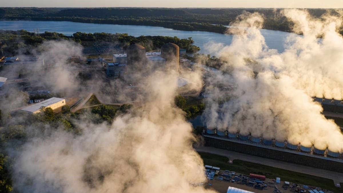 Drone shot of a power plant with emissions at sunrise near Welch, Minnesota, USA.