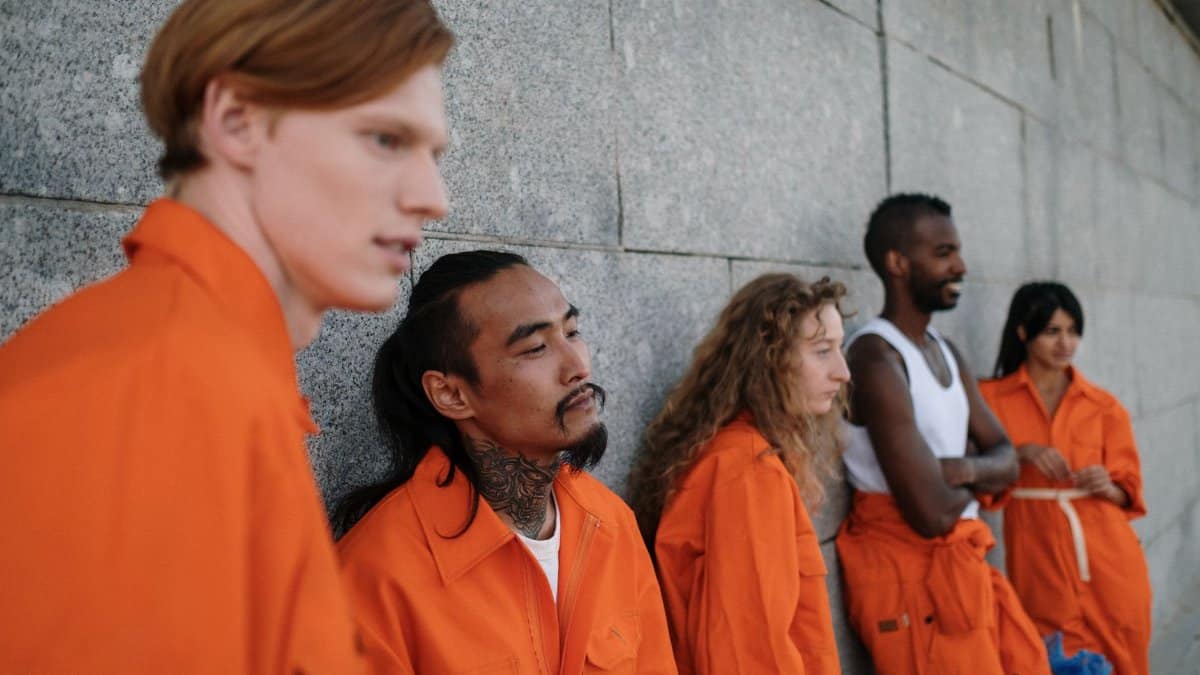 A diverse group of people in orange jumpsuits leaning against a stone wall outdoors.