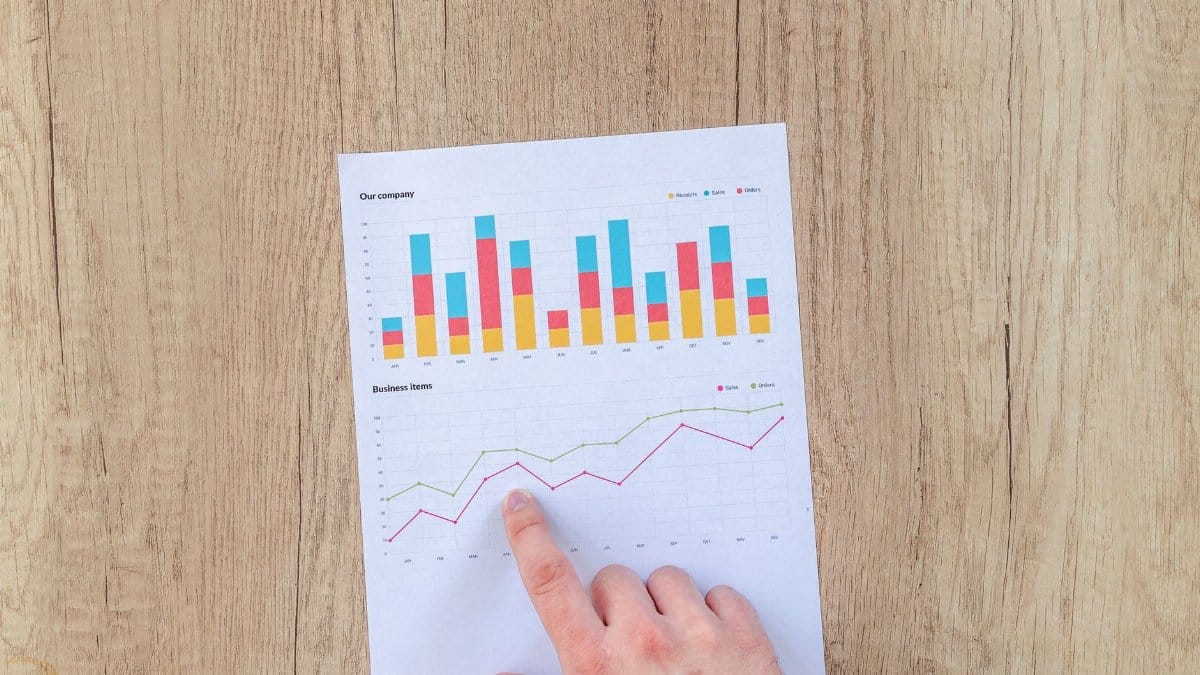 A hand points to colorful business charts and graphs on a paper sheet on a wooden desk.