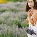 A woman in a white dress holds a woven basket filled with lavender flowers in a picturesque lavender field.