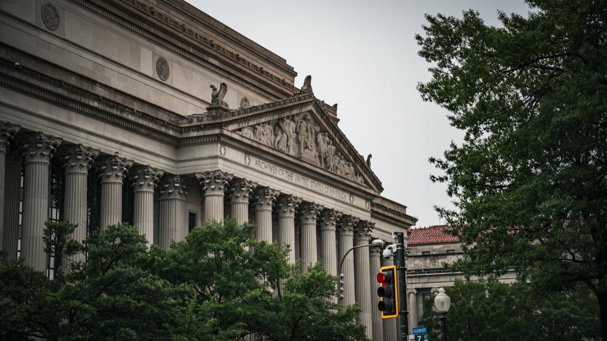 A view of the National Archives Building in Washington D.C. showcasing classic architecture.