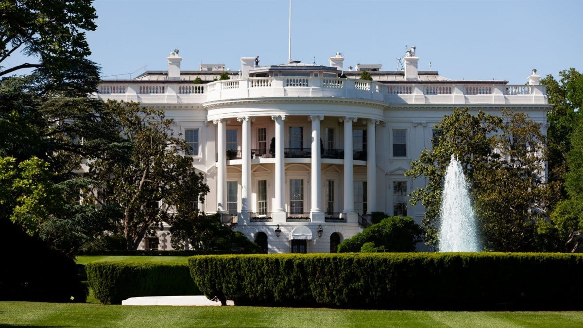 The White House South Portico with a fountain on a sunny day in Washington, DC.
