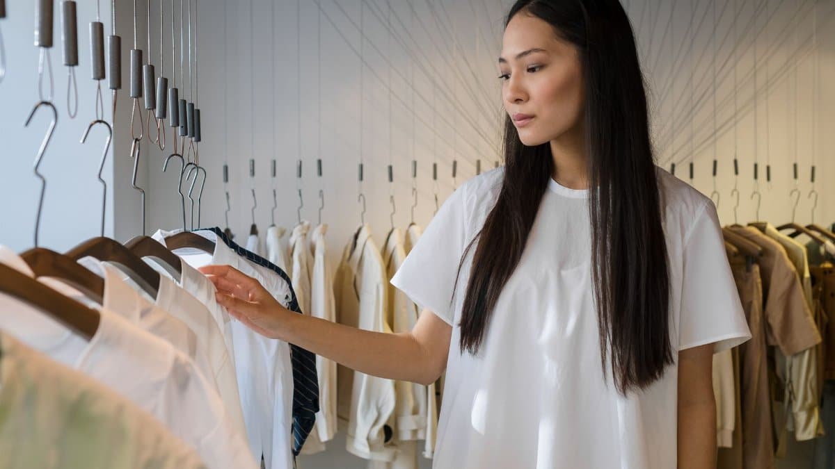 Asian woman exploring clothing options in a modern boutique setting.