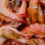 Close-up of a pile of fresh shrimp showcasing vibrant colors with a focus on seafood textures.