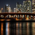 Gorgeous night view of Miami's illuminated skyline and bridge reflections on water, offering a captivating cityscape.