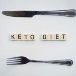 Top view of a knife, fork, and scrabble tiles spelling 'Keto Diet' on a white surface.
