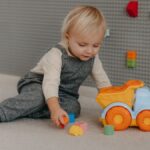 Cute toddler engaged with colorful blocks and toy truck indoors.