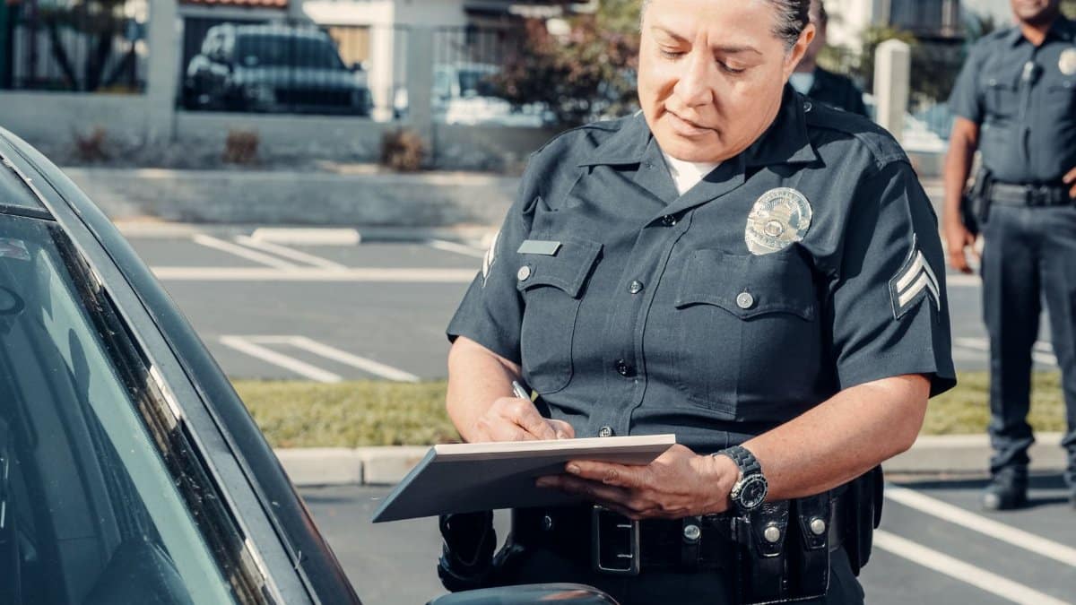 Police officer writing a ticket to a car in a sunny parking lot with a colleague in the background.