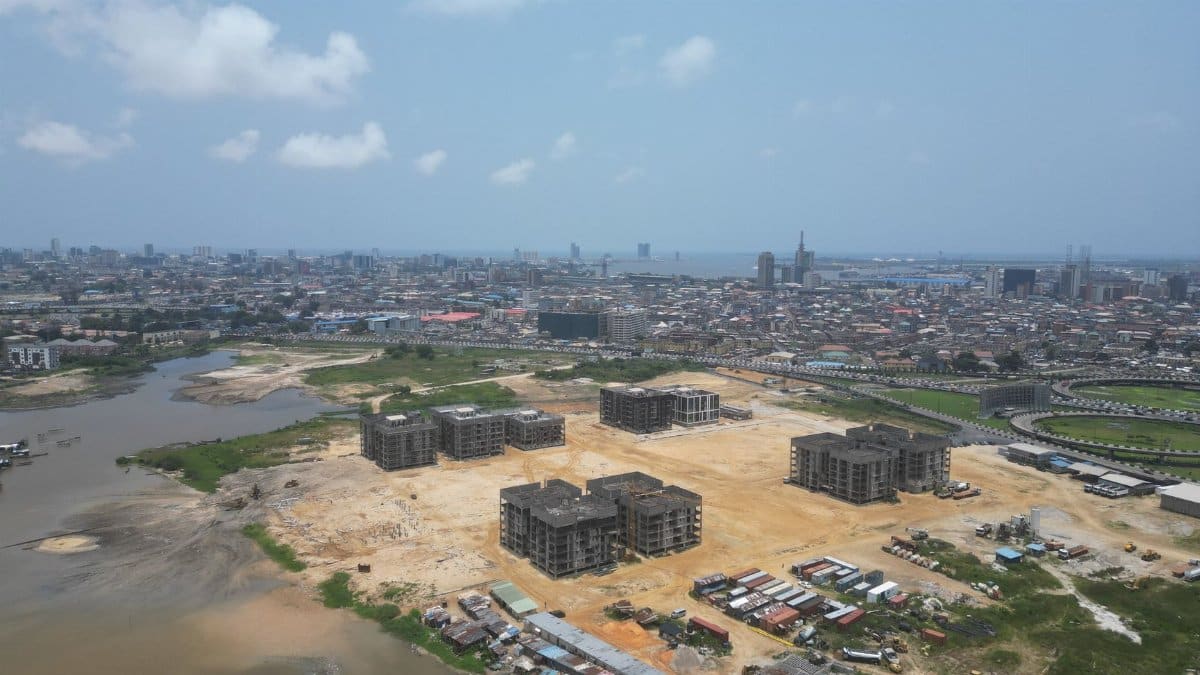 Aerial shot capturing construction site and skyline in Lagos, Nigeria.