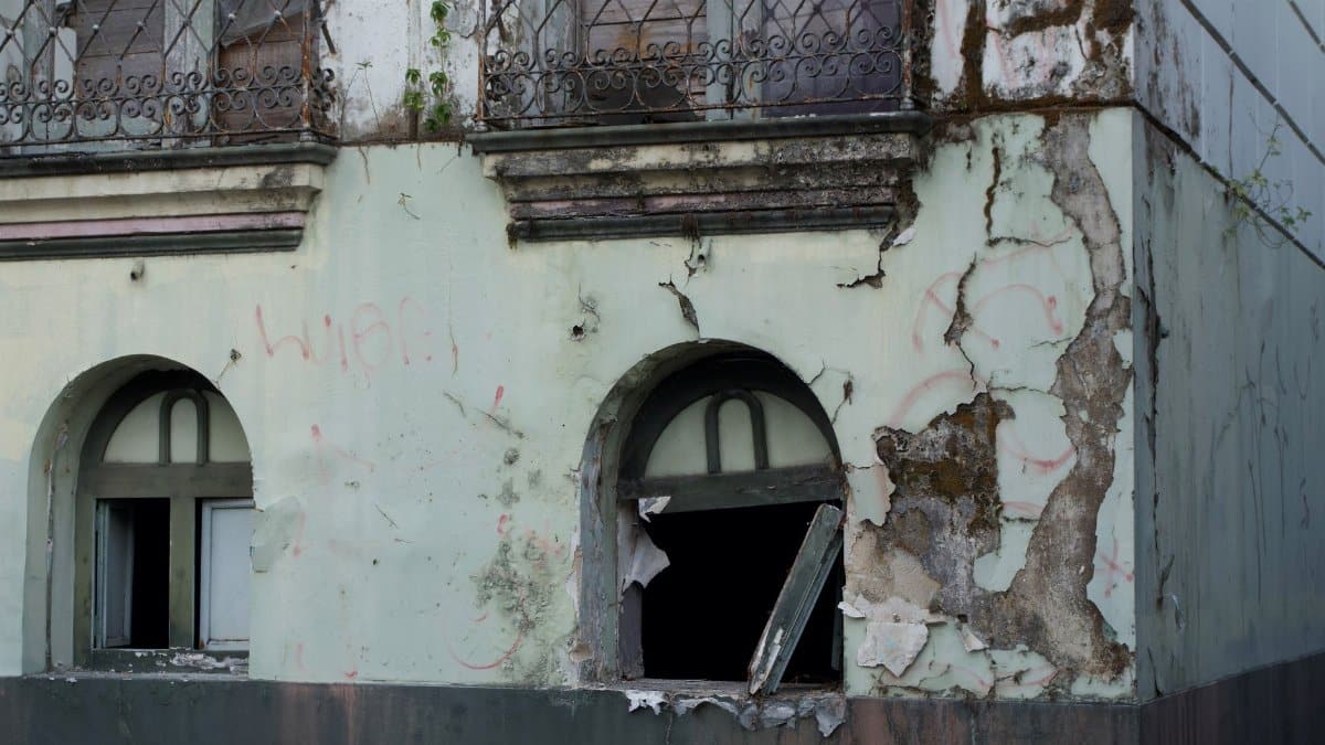 A decaying facade of a historic building in Manaus, Amazonas, Brazil.