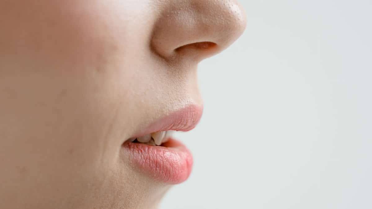 Detailed side view of a woman's nose and lips with natural skin texture. Perfect for beauty and skincare content.