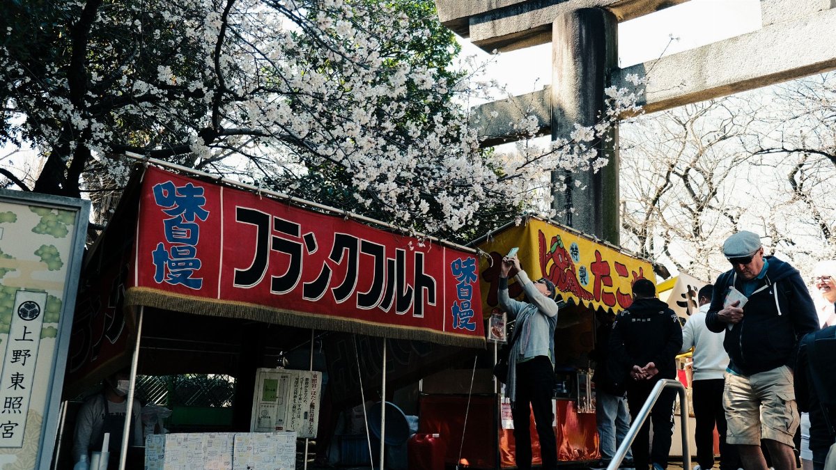 Explore vibrant street food under cherry blossoms in Ueno Park, Tokyo, capturing the essence of spring.